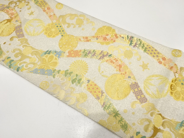 JAPANESE FUKURO OBI FOR FURISODE / WOVEN CRANE & SHOCHIKUBAI